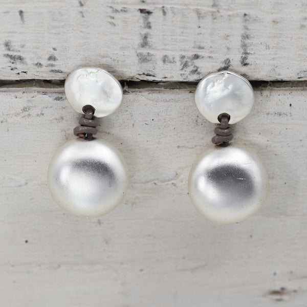 Button style drop earring with disc post in matt silver