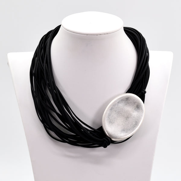 Multi-wax cord statement necklace with oval silver side feature