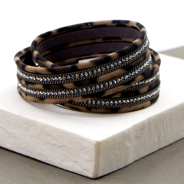 Animal PU double wrap bracelet with diamante