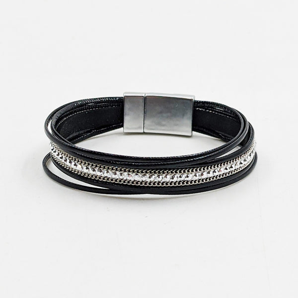 Simple magnetic bracelet with crystal and leather strands