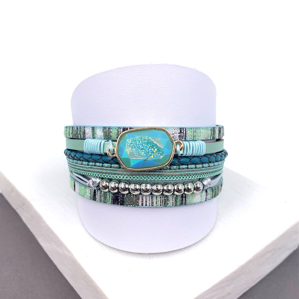 Faux semi-precious element, beads and subtle striped strands PU magnetic bracelet
