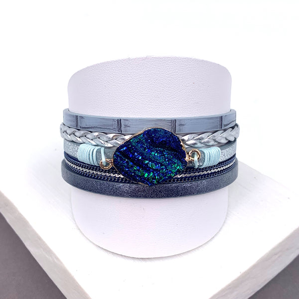 Faux semi-precious stone element multistrand PU magnetic bracelet