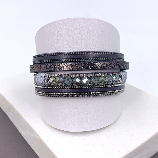 Cut glass beaded section and crystals multistrand PU magnetic bracelet