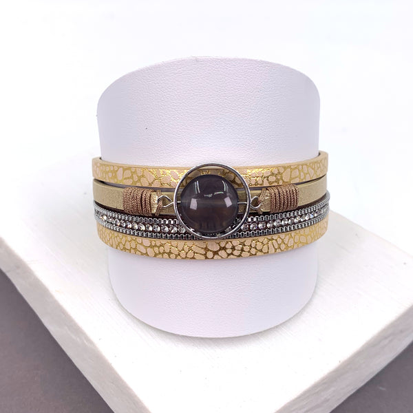 Agate stone encased in open circle element multistrand PU magnetic bracelet