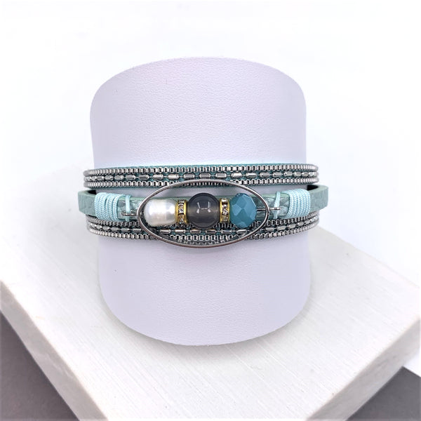 Real pearl and agate encased in oval component multistrand PU magnetic bracelet
