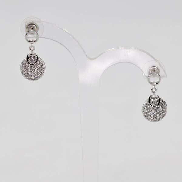 Button shaped cubic zirconia silver drop earrings