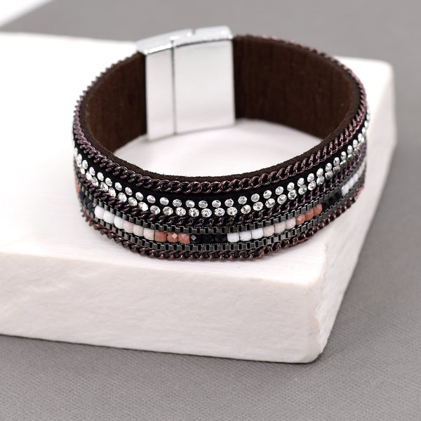 Beaded leather cuff with crystals