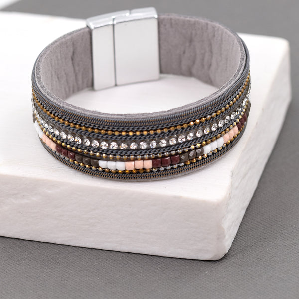 Beaded leather cuff with crystals