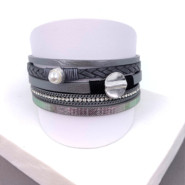 Disc element, pearl and subtle tartan PU multistrand magnetic bracelet