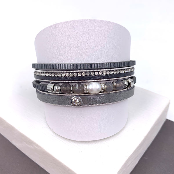 Real pearl and semi-precious bead elements multistrand PU magnetic bracelet