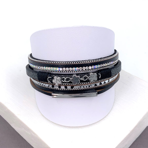Crystal and flower detail multistrand PU magnetic bracelet