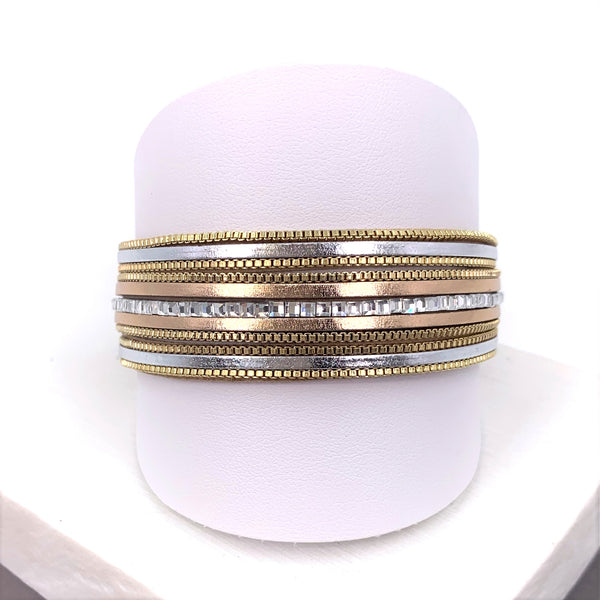 PU and chain inlay magnetic bracelet with crystal square detail
