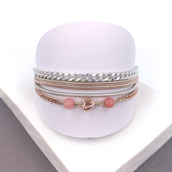 Multichain magnetic bracelet with semi-precious beads and heart