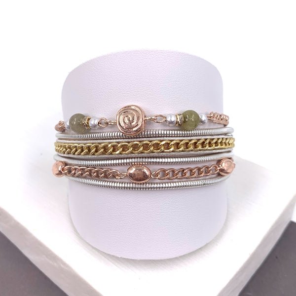 Swirl disc element and semi-precious beads multichain magnetic bracelet