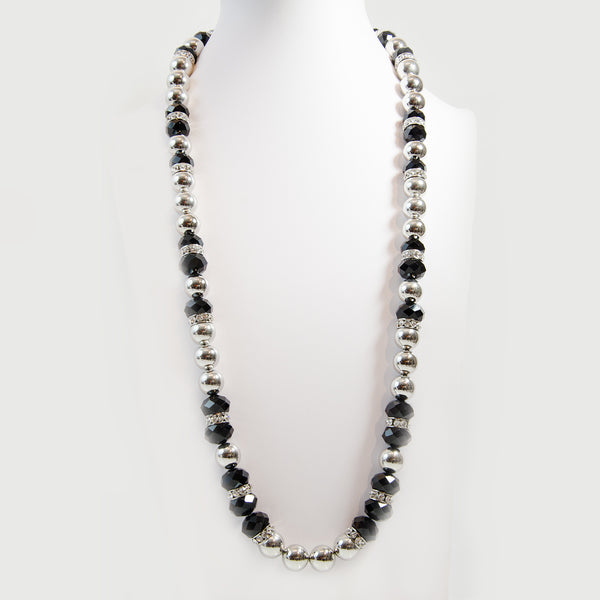 Long cut glass and silver balls necklace - Black