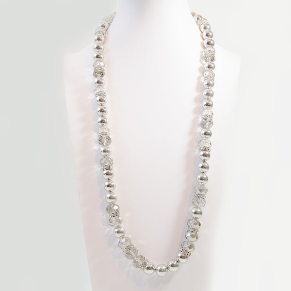 Long cut glass and silver balls necklace - Silver grey