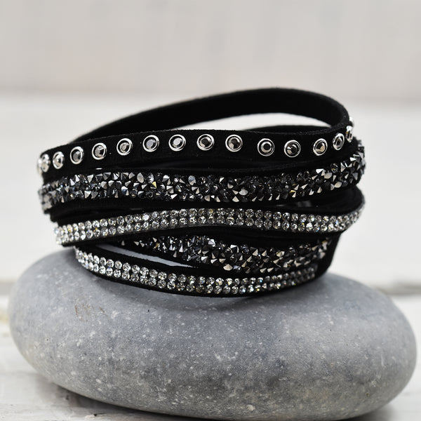 Black crystal encrusted wraparound bracelet with crystal stud