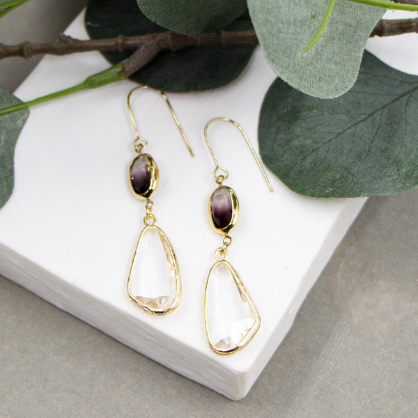 Clear and smokey stone drop earrings on fish hook