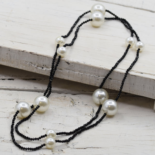 Long length black cut glass necklace with big pearls