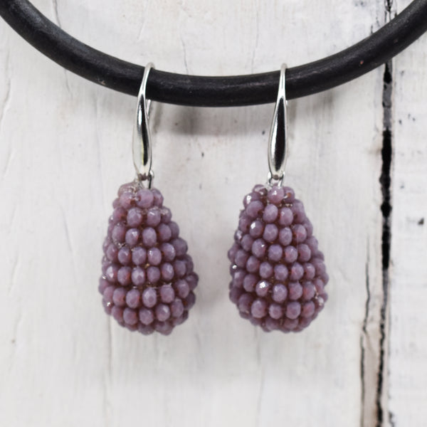 Mauve cut glass decorated drop earring