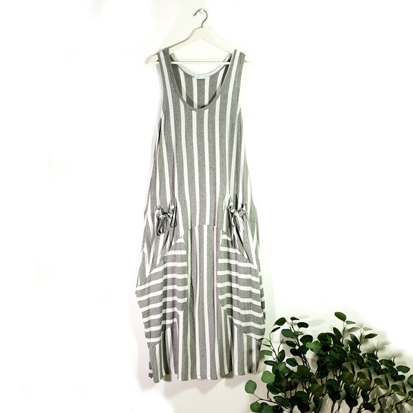 Stripey cover up sleeveless dress with pockets and drawstring detail