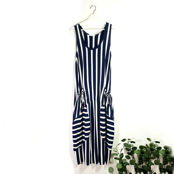 Stripey cover up sleeveless dress with pockets and drawstring detail