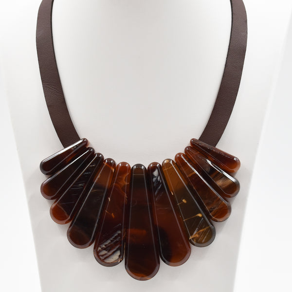 Varigated statement marble resin necklace on brown PU collar
