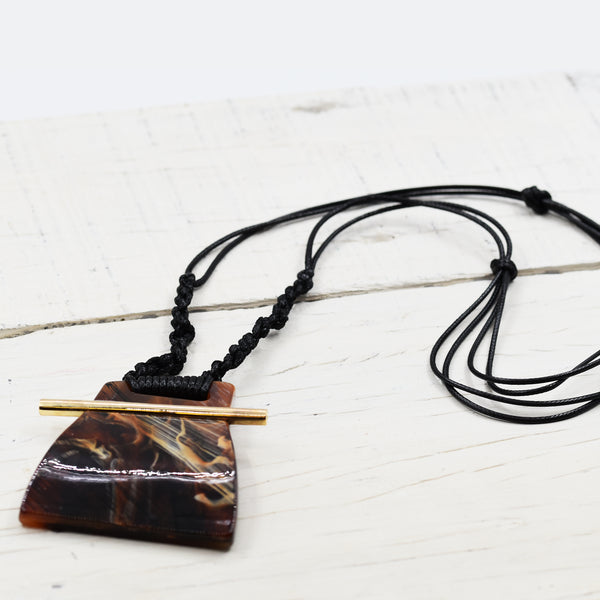 Contemporary brown marble resin pendant on long cord necklac