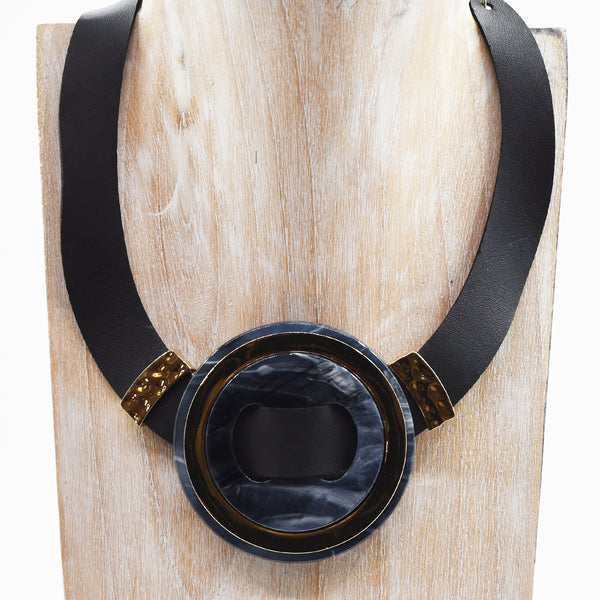 Black statement PU collar necklace with round button style f