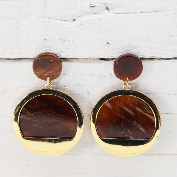 Coffee mix round drop earrings with gold trim
