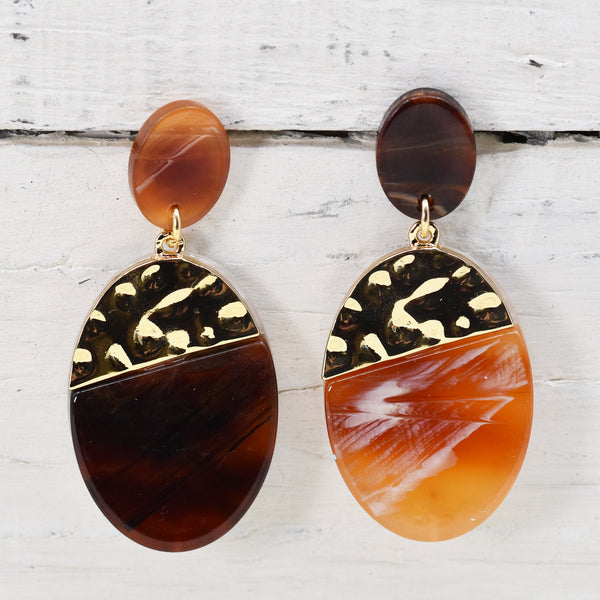 Coffee mix oval resin earrings with gold trim