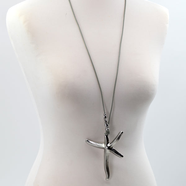 Soft hammered irregular shaped star pendant long necklace