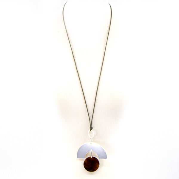 Contemporary long leather necklace with resin disc detail