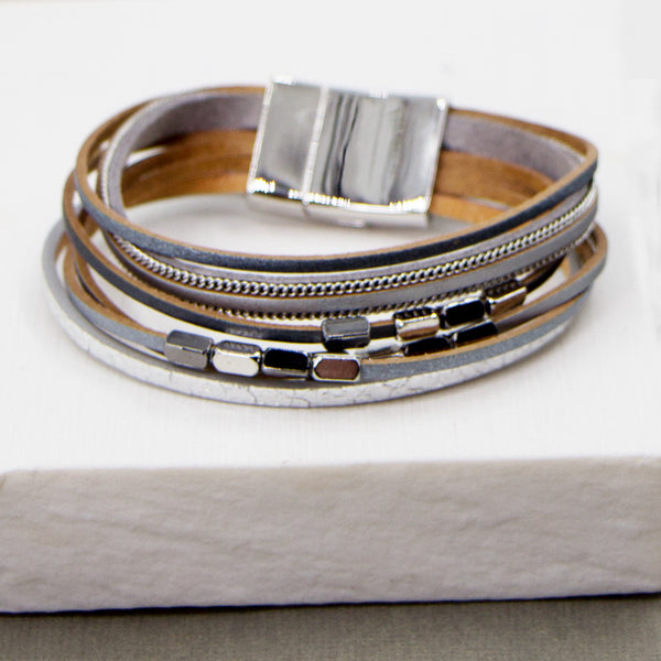 Multistrand grey tones magnetic bracelet with hemetite beads