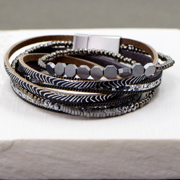 Double wrap multistrand bracelet with hemetite beads and mag