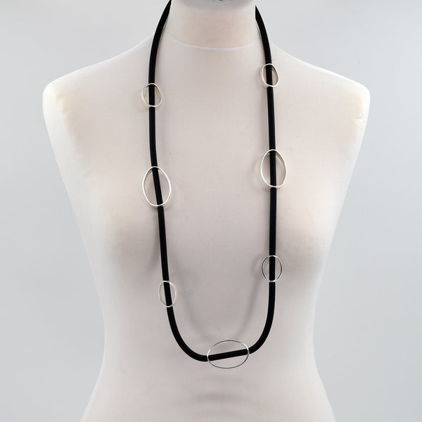 Long rope style neoprene necklace with circle pendants