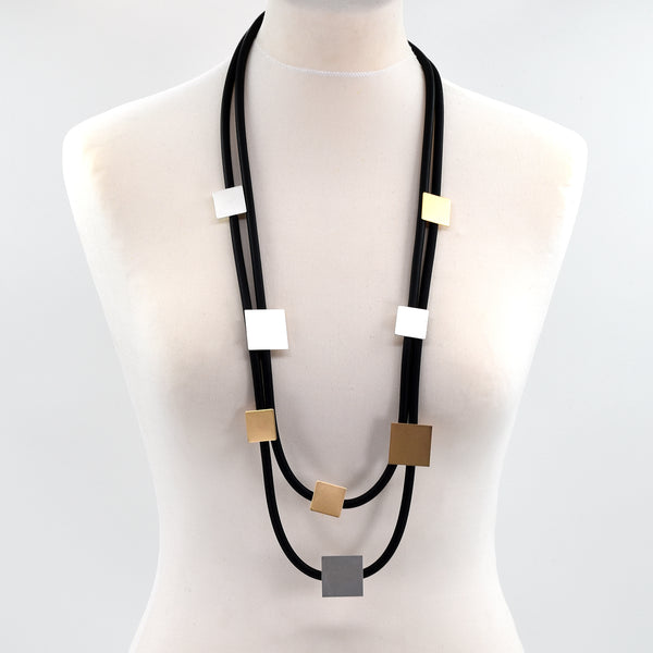 Double strand neoprene long necklace with square pendants