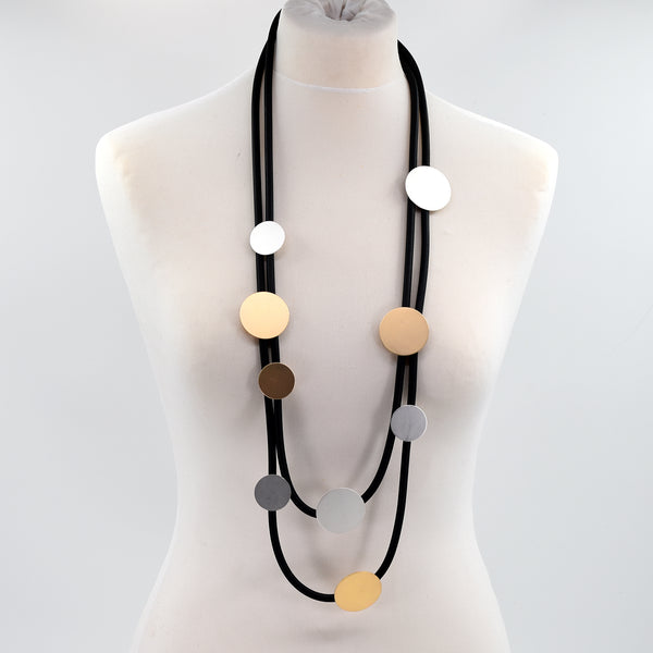 Double strand neoprene long necklace with circle pendants