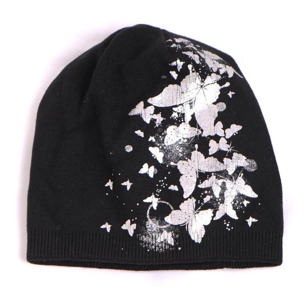 Beanie hat with butterfly metallic shimmer pattern