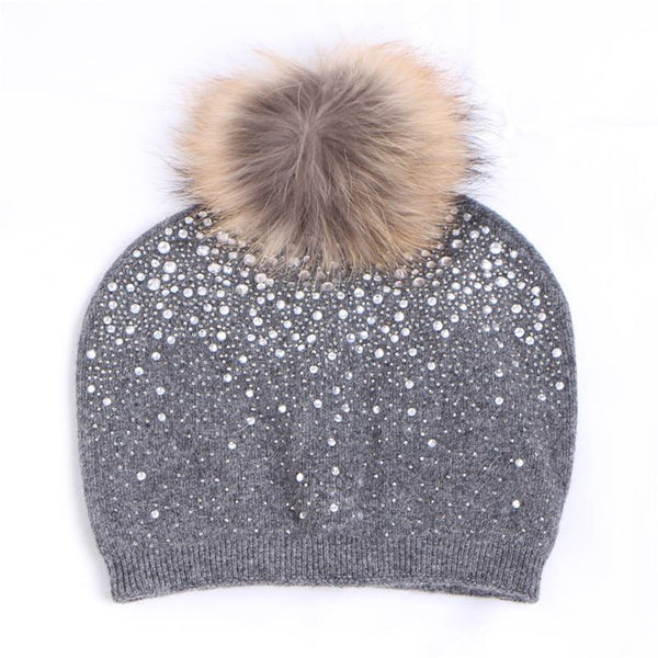 Beanie hat with crystals and pom pom