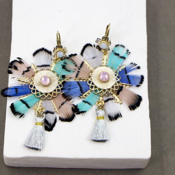Feather, crystal and tassel boho style earrings