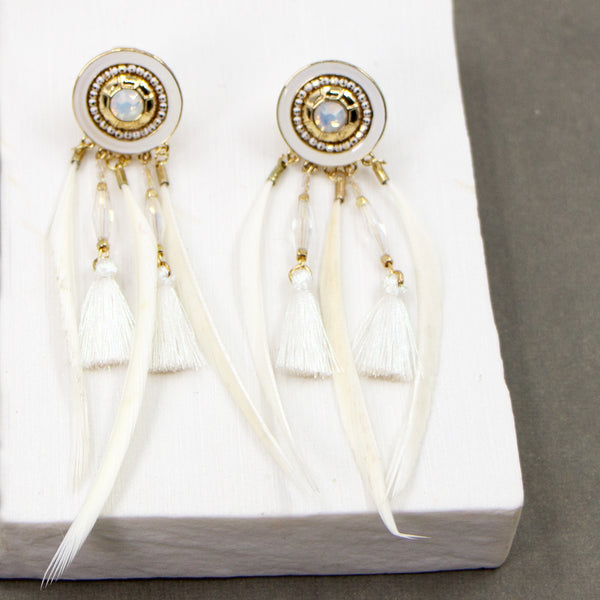 Feather, crystal and tassel drop boho clip on style earrings