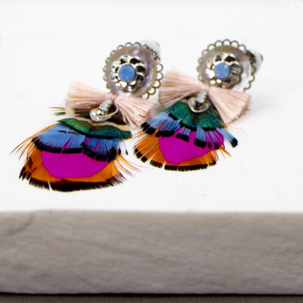 Crystal and feather drop boho style earrings