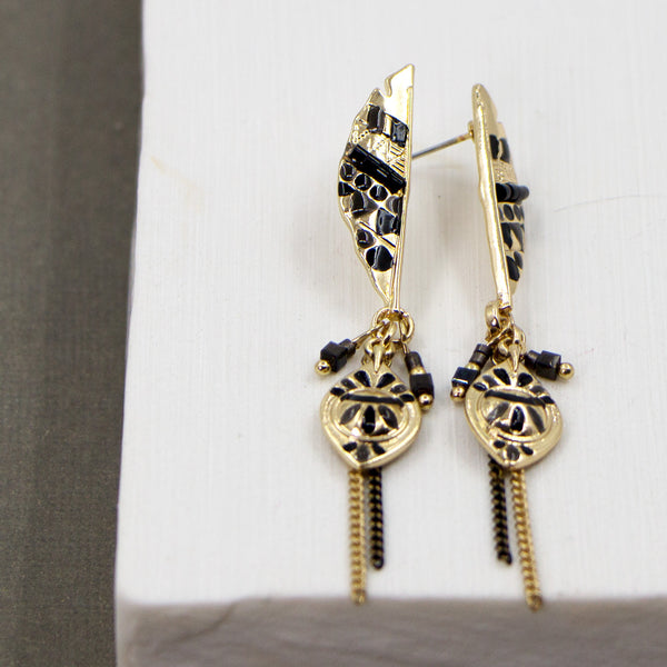 Black aztec like pattern drop boho style earrings
