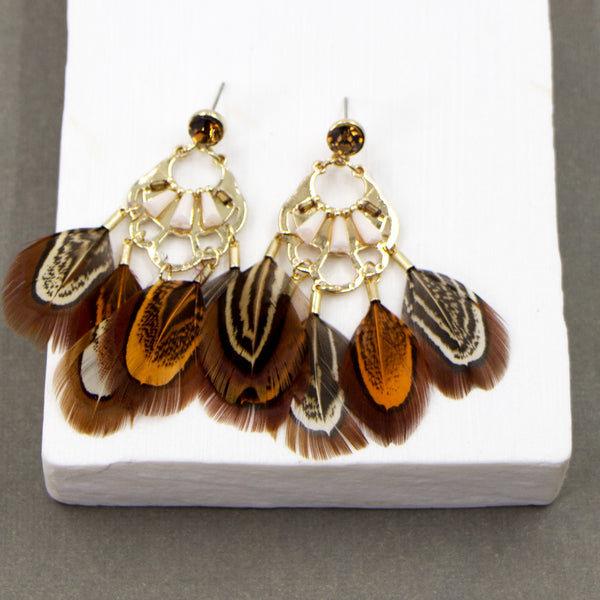 Crystal and feather chandelier drop boho style earrings