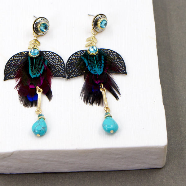 Crystal and feather drop boho style earrings
