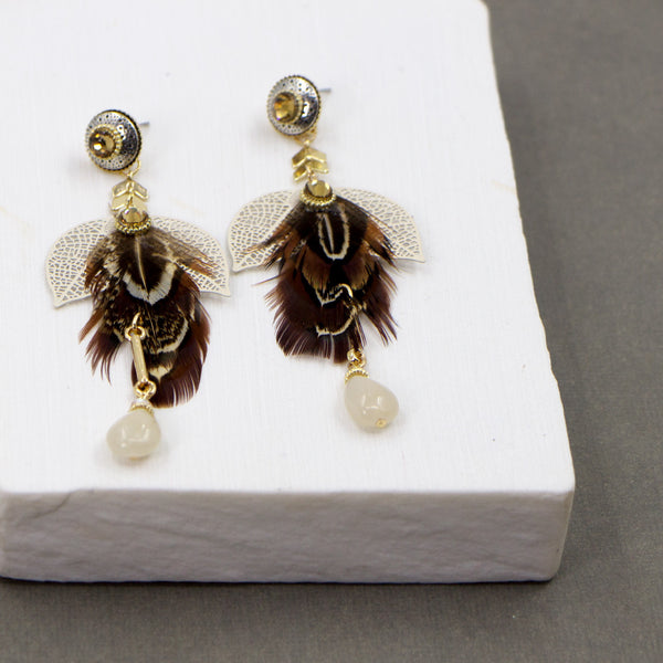 Crystal and feather drop boho style earrings