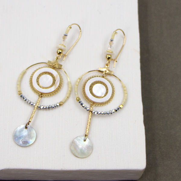 Double circle with pearl shell drop fish hook boho style earrings