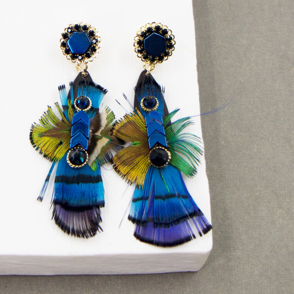 Crystal and feather drop boho earrings