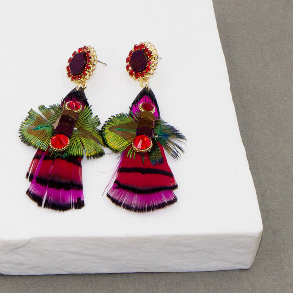 Crystal and feather drop boho earrings